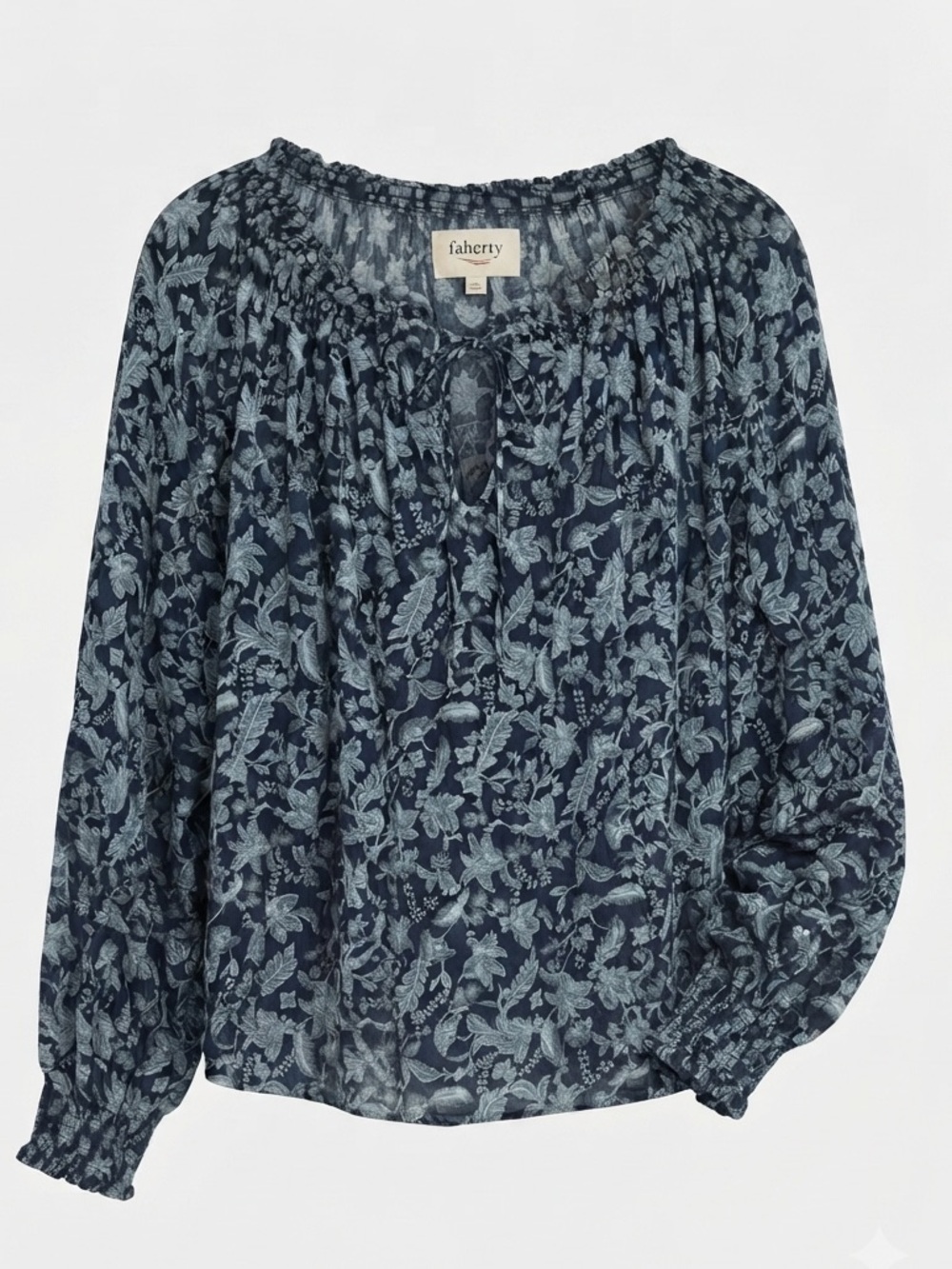 Faherty Emery Peasant Blouse Blue Esna Floral Smocked Boho Top Long Sleeve XXL